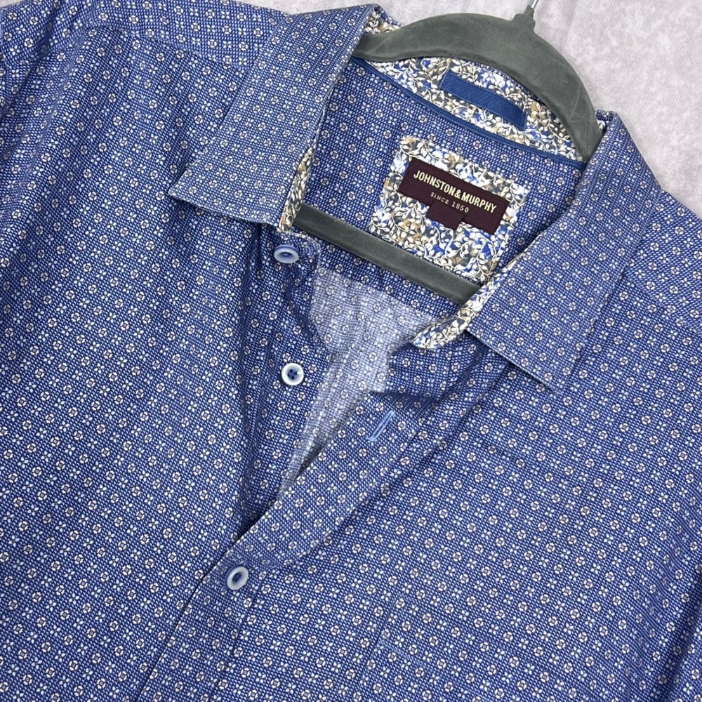 Johnston & Murphy Button Down Mens XXL Blue Excellent Geometric Floral Trim LS